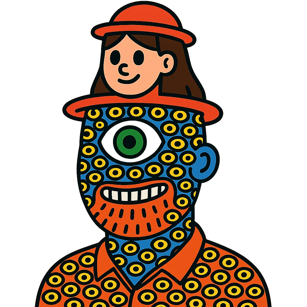 guy with 300 eyes, one big green eye in the middle of his head, hat made out of a girl on his head emoji