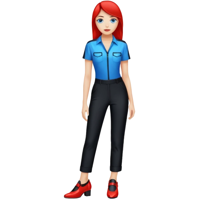  Cette femme aux yeux bleus, porte une chemise rouge, un pantalon noir, des chaussures noirs, style Tron.  emoji
