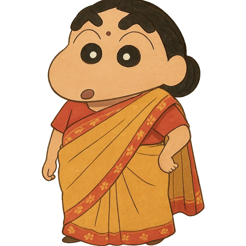 Shinchan dressed in a saree, hand-drawn look, simple background emoji