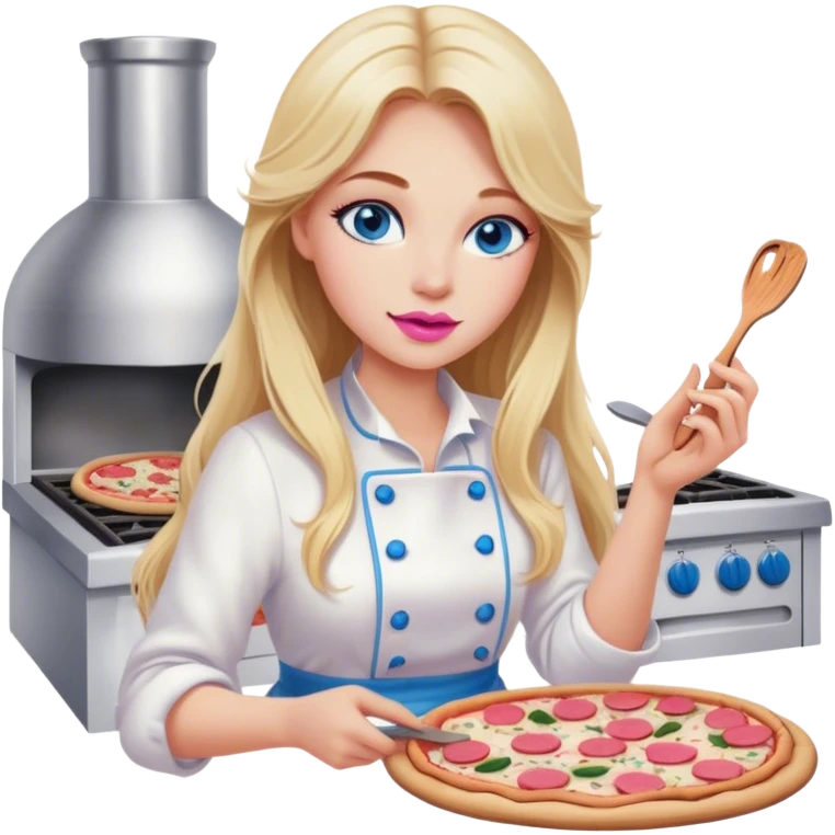Cinematic realistic beautiful blonde with long hair, blue eyes and pink lips in a white dress cooks pizza emoji