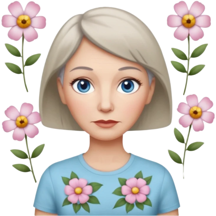 a woman in her 50s with bambi light blue eyes, pale tan and with rosacea, greyish short hair and body really slim and tall, grey thin eyebrows and thin lips and a tshirt with a flower pattern or red one emoji