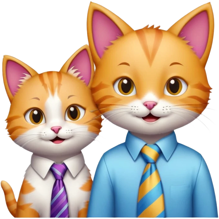 happy girl cat with eyelashes wearing a colorful necktie and happy boy cat wearing a professional necktie standing together side by side, both with cheerful expressions emoji