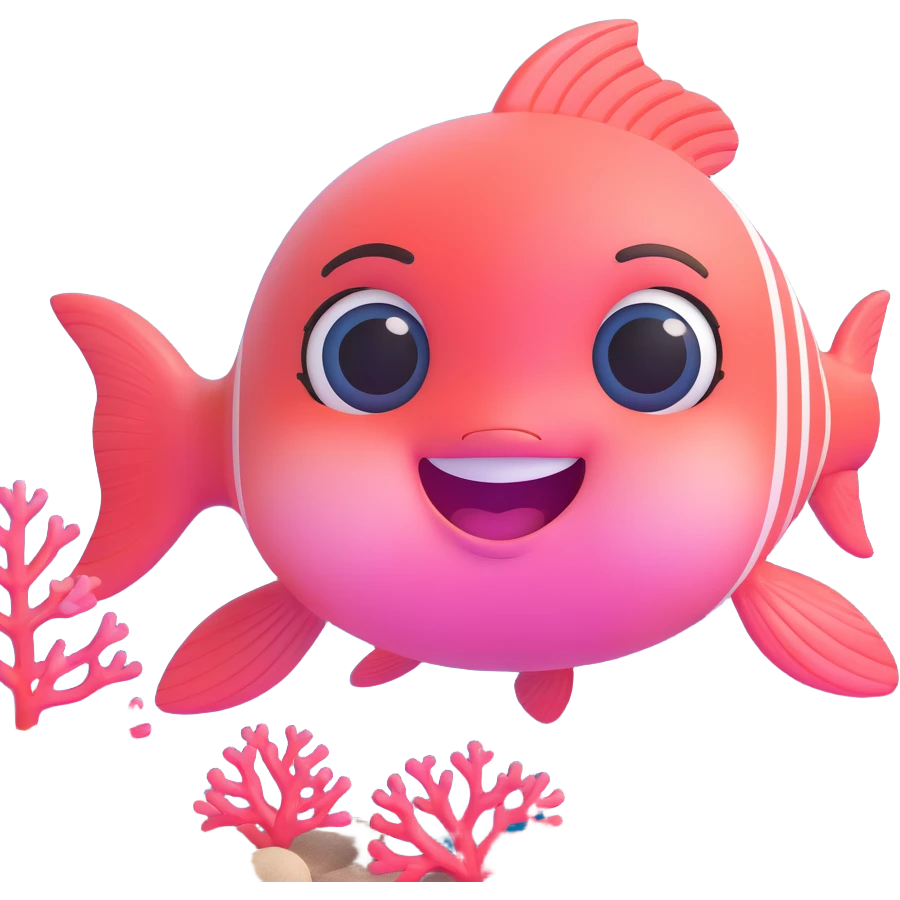cute pink fish emoji, alternate pose, big smiling face, huge shiny eyes, rosy cheeks, tiny fins, soft pastel colors, underwater background with bubbles and coral, 3D glossy style, chibi emoji look, super kawaii emoji
