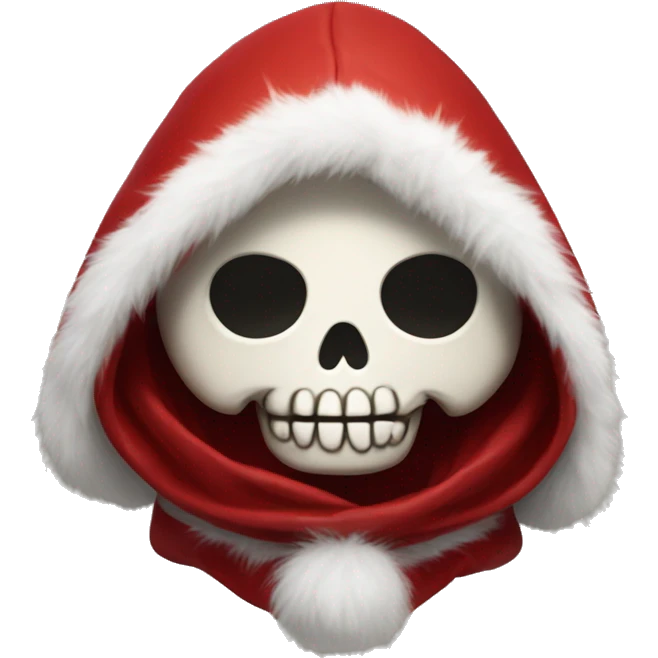 Cute, happy little skull wearing a red velvet hood with fluffy white fur trim. emoji