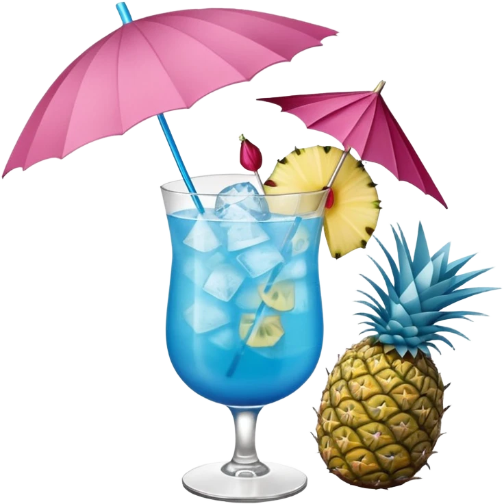 blue tropical cocktail with hibiscus, pineapple, and tiny pastel paper umbrella garnishes emoji