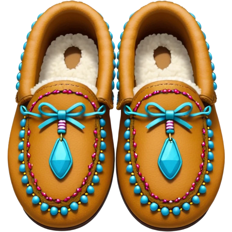 tan moccasins with beaded design and fluffy fur emoji