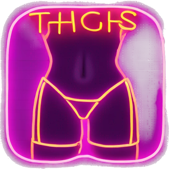  neon sign with the word thighs emoji
