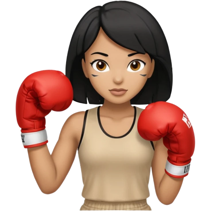 Black lady with black hair boxing with beige clothes and gloves emoji