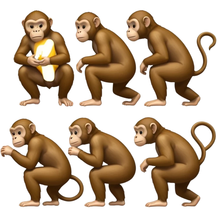 side view emoji style illustration showing inheritance: a crouching ape, a standing monkey, and a normal human standing behind the monkey, all facing the same direction emoji