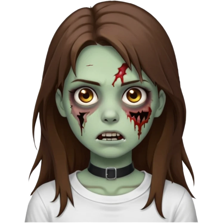 zombie girl with long brown hair With cuts on his cheeks, with a choker and a white T-shirt  emoji