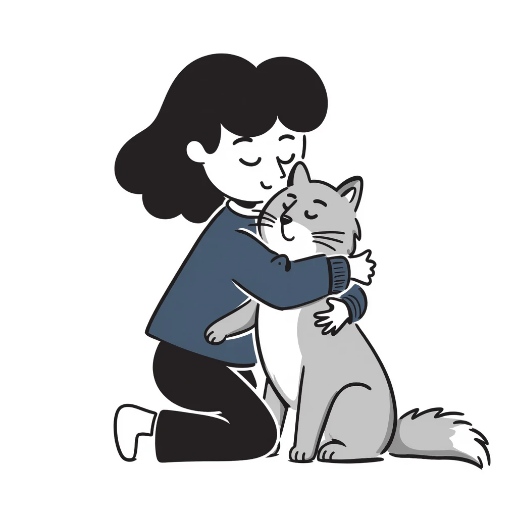 Brunette girl with dark blue sweatshirt snuggling a fluffy grey Siberian cat, warm embrace emoji