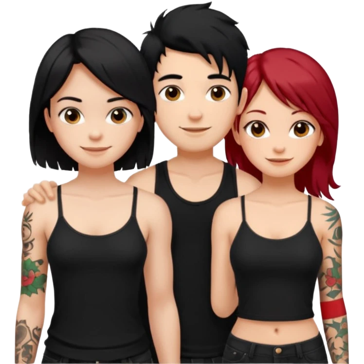 generate a fair boy with messy black hair, tattoos. standing beside a fair black haired girl wearing a black cami top and a tan girl with red hair emoji