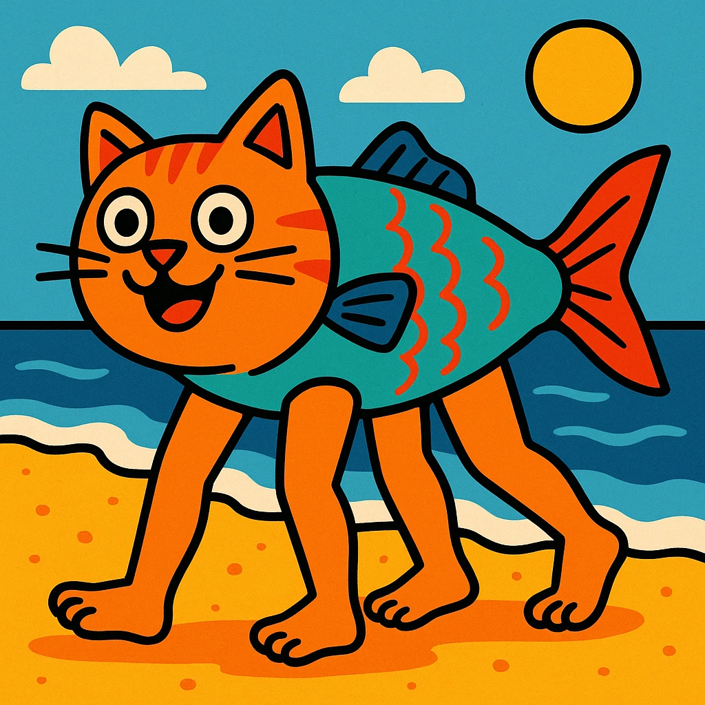 cat with fish body and four human legs, beach background, attractive illustration style emoji