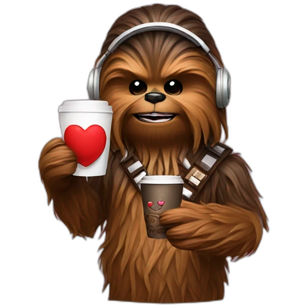 Chewbacca with Headphones drinking Coffee with hearts emoji