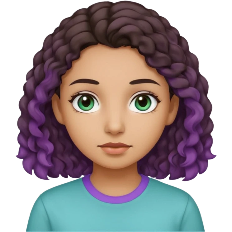 Girl with olive skin, teal eyes, slightly curly dark brown hair, light purple shirt emoji