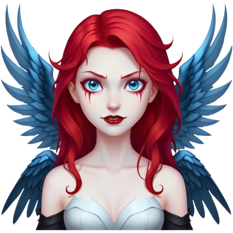 extremely diabolical girl with giant towering wings, blood red hair, glowing blue eyes, black hellfire aura, no horns, evil grin emoji
