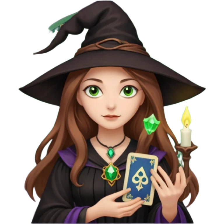 dark witch girl with long light brown hair and green eyes and Tarot cards emoji