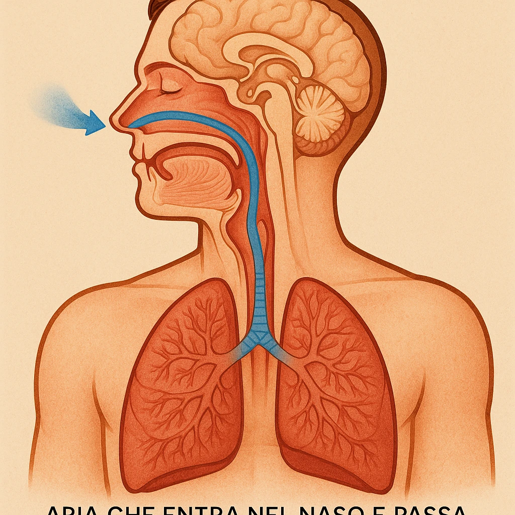 anatomical section of head and chest showing air entering nose and passing through airways to lungs, caption in Italian emoji