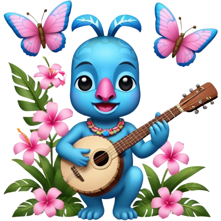 Pixar style little Blue and pink tiki singing with a butterfly, banjo, and tropical flowers, ultra detailed and lifelike imagery, realistic emoji