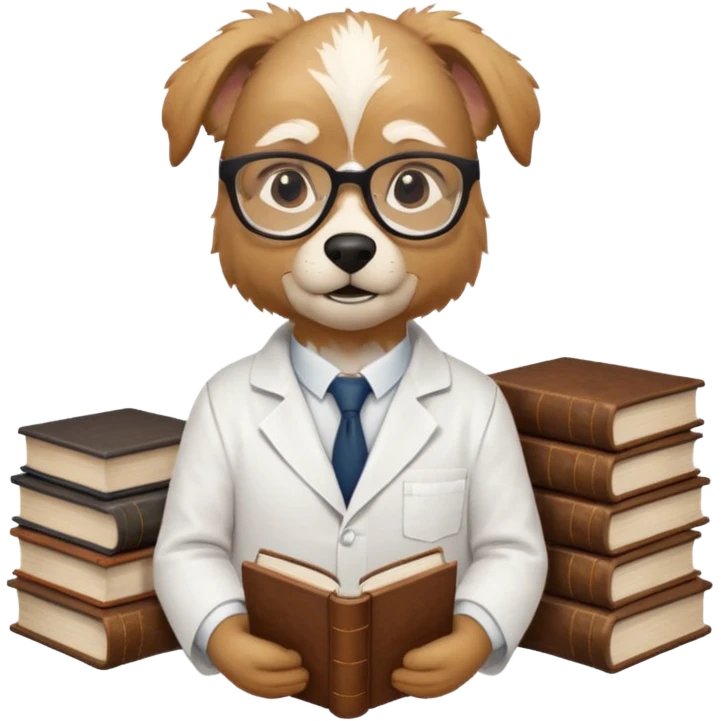 Wise grif with glasses, wearing a lab coat, perched on a stack of books. emoji