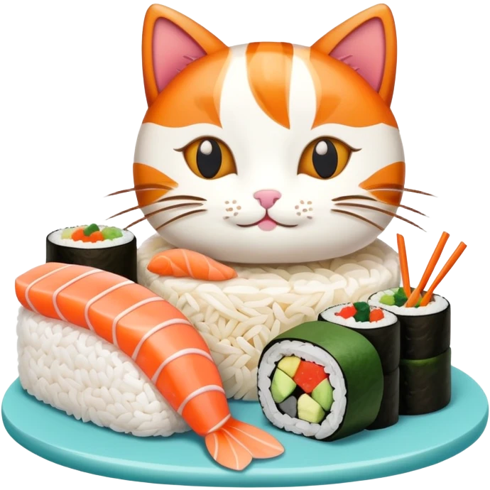 cat with a birthday cake made out of sushi emoji