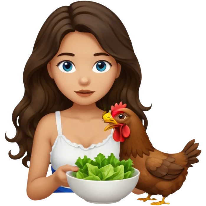 Girl with olive skin, blue eyes, brown dark insanely wavy long hair, white camisole. Eating a bowl of lettuce and chicken emoji