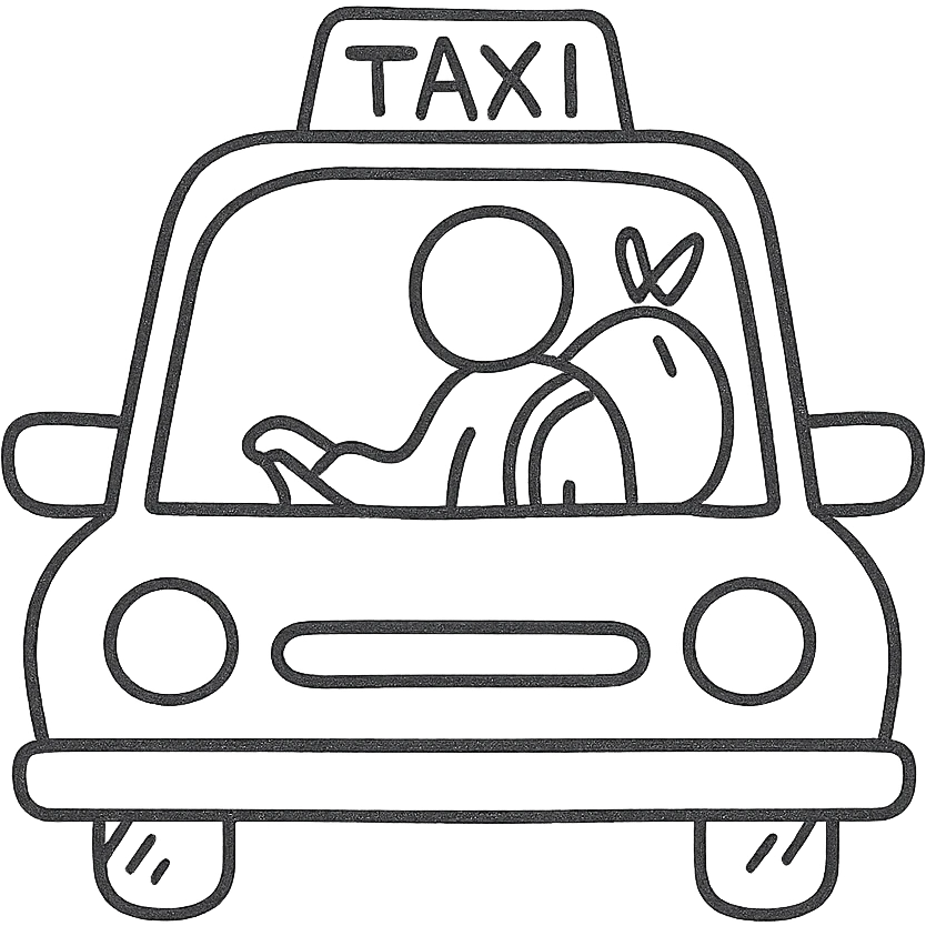 A migrant in a taxi, hand drawn icon with no fill, black and white emoji