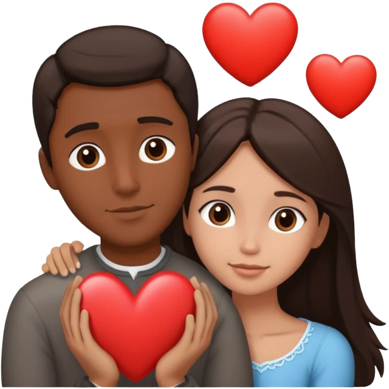 A couple embracing, man with mestizo brown skin and short straight dark brown hair, woman with fair skin and long dark brown hair, with white hearts around them emoji