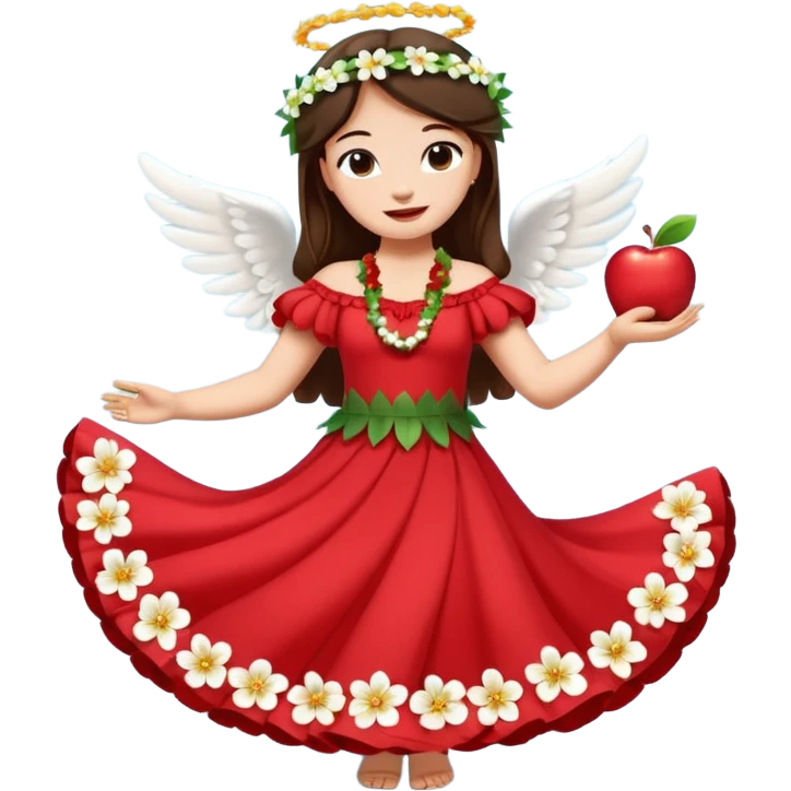 Lilo from Lilo & Stitch in a red dress with white flowers dancing hula with Angel, apple style emoji emoji