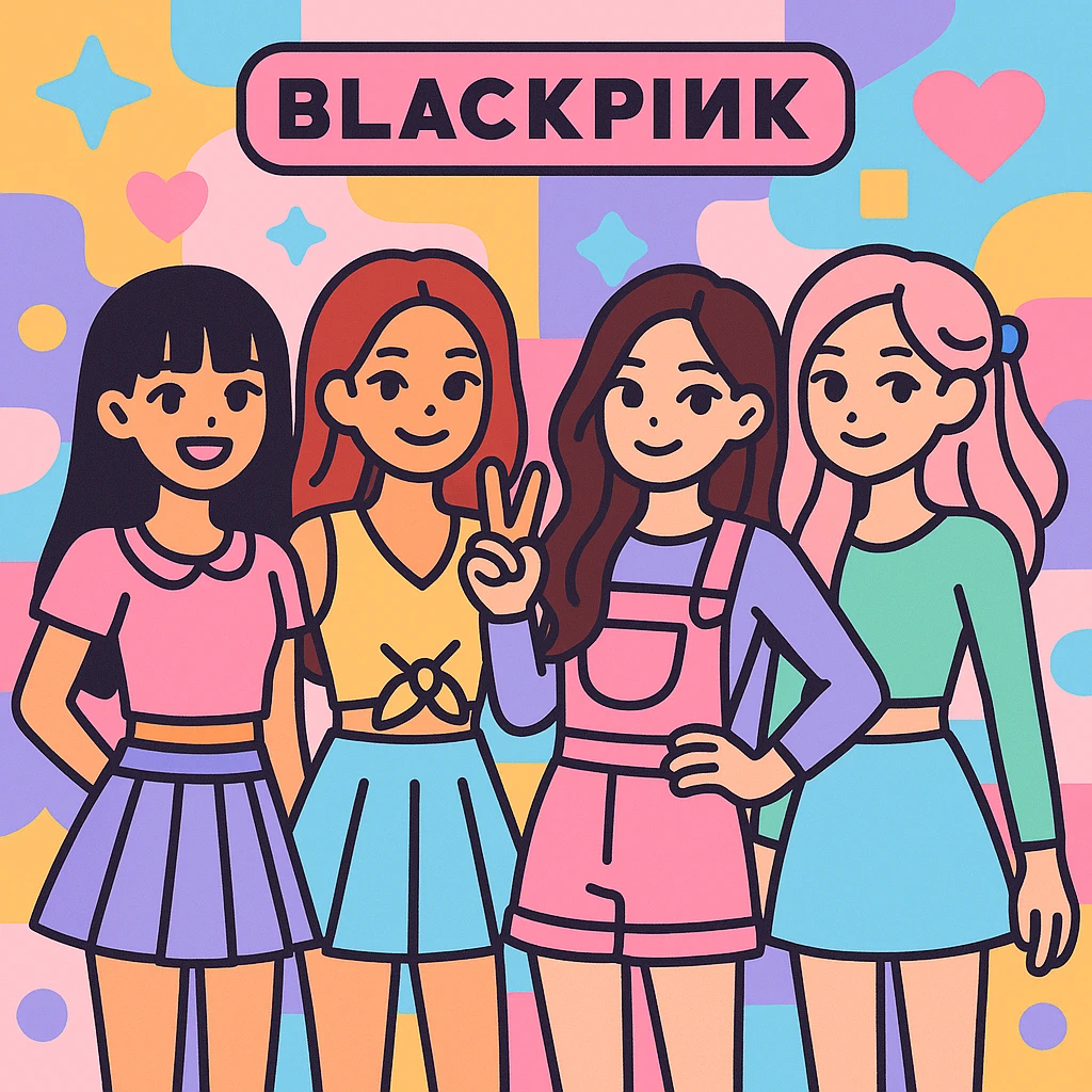 Blackpink K-pop group, cute and stylish, pastel accents, playful vibe, charming and colorful emoji