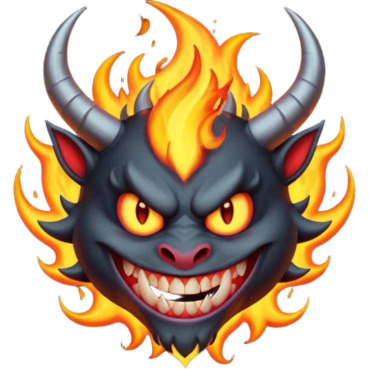Create a dark-themed emoji of a demonic face with sharp, curved horns, glowing white eyes, an evil grin with large pointed fangs, and abstract flame-like patterns around the face. The background should be pure black. emoji