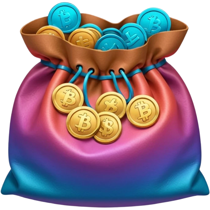 coins in gradient of turquoise, blue, pink, purple, and coral color inside a brown bag emoji