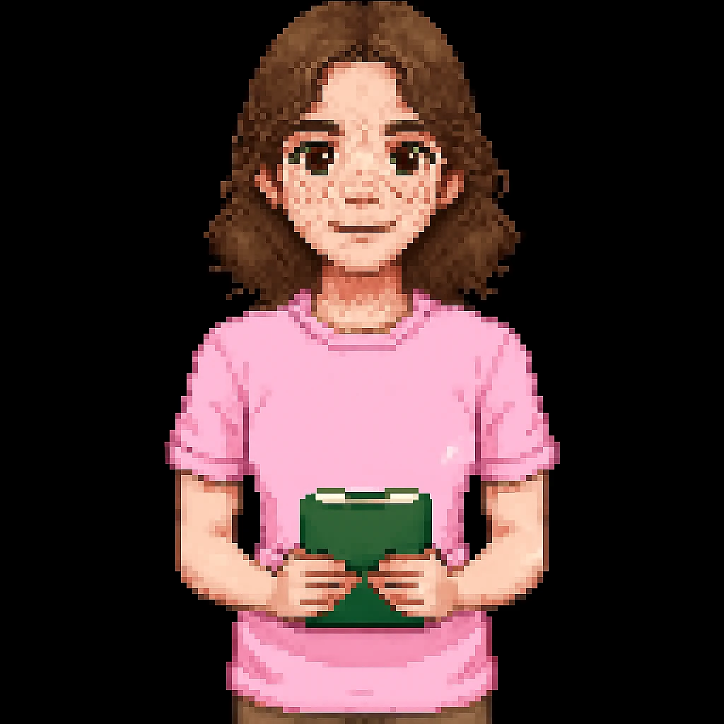 Add brown eyes and freckles on the cheeks to the pixel art teacher with brown hair, white skin, and pink t-shirt. Keep the original pixel art style. emoji