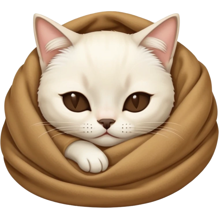 A white Siamese cat sleeps in a brown blanket emoji