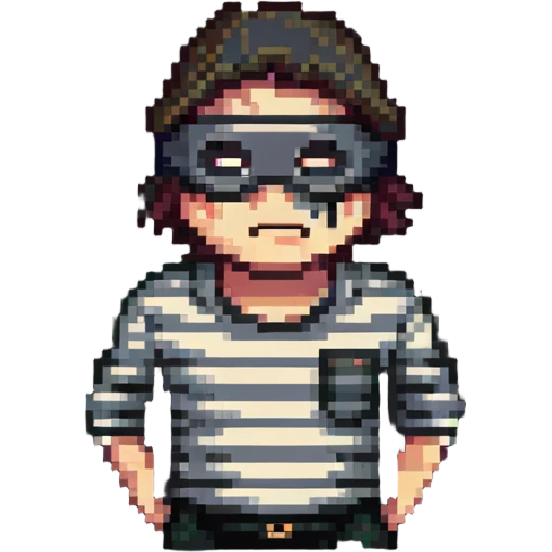 intimidating robber with black eye mask, striped shirt, sneering face, no weapons emoji