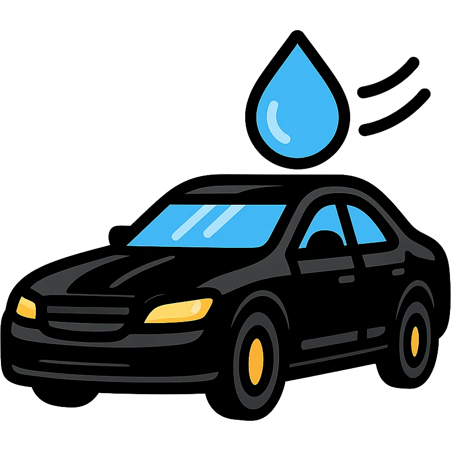 full high-end vehicle icon with glossy black mirror-like paint, water droplet sliding on the hood or roof, subtle repellent effect with water lines moving away, modern and clean style emoji