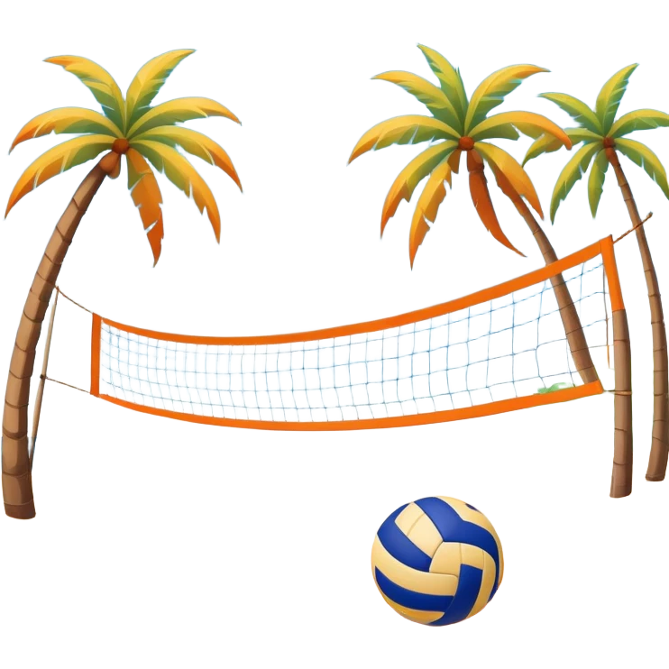 A volleyball resting on the orange sand of a beach, with a volleyball net in the background. The scene captures a sunny beach atmosphere with clear blue sea and sky, palm trees swaying, and people in swimsuits enjoying the vibrant surroundings emoji
