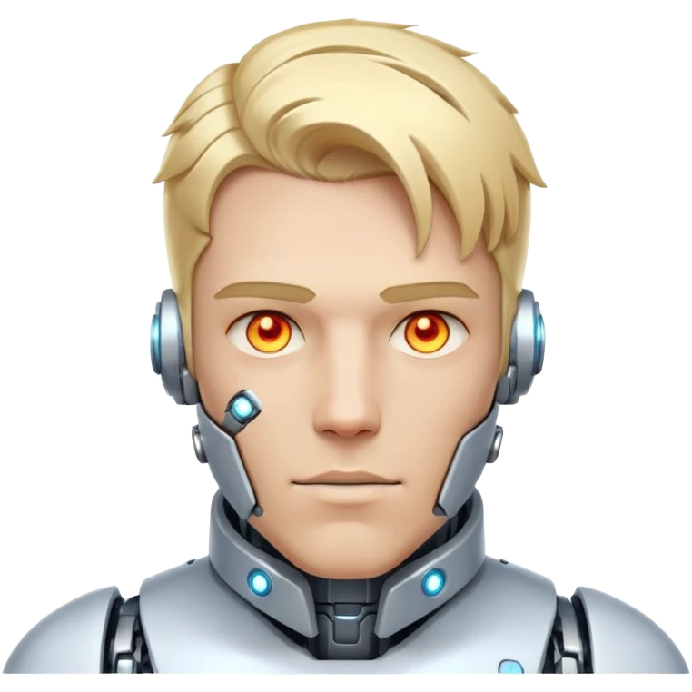 Cyborg male with blond hair, partly mechanical face, glowing eyes, white tech collar emoji