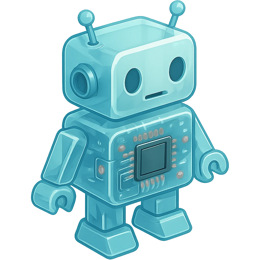 A robot with transparent body showing intricate electronic components inside, with tiny circuit patterns and small glowing lights emoji