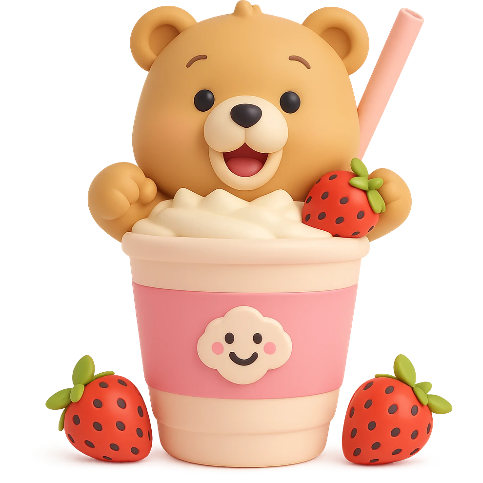 Edit the image to depict a pastel 3D vinyl figure style milkshake cup with a straw, a smiling bear peeking out, two strawberries, soft shadows, minimal look, with no background. emoji