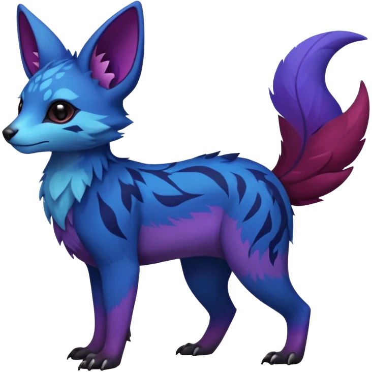 Feral Rare realistic edgy black-blue-burgundy-violet-gradients pretty beautiful handsome gorgeous aesthetic colorful vibrant Vernid-Trico-species-Fakemon-creature by LiLaiRa, random markings, tufted ears, full body emoji