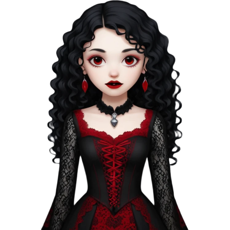 A girl with a red goth vampire look in a black and red goth lace dress with long sleeves and long black curly hair  emoji
