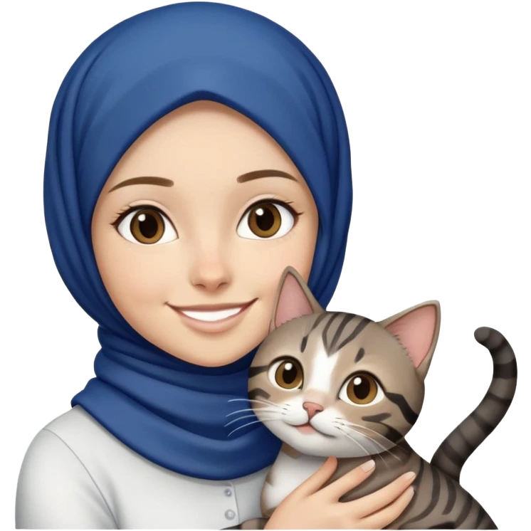 White girl wearing dark blue hijab with white shirt smiling while holding a black grey brown stripes tabby cat emoji