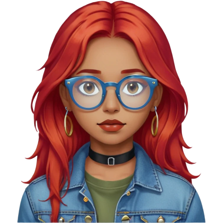 young woman, long red hair, blue translucent glasses, black choker, septum ring, denim jacket, calm expression, olive white skin emoji