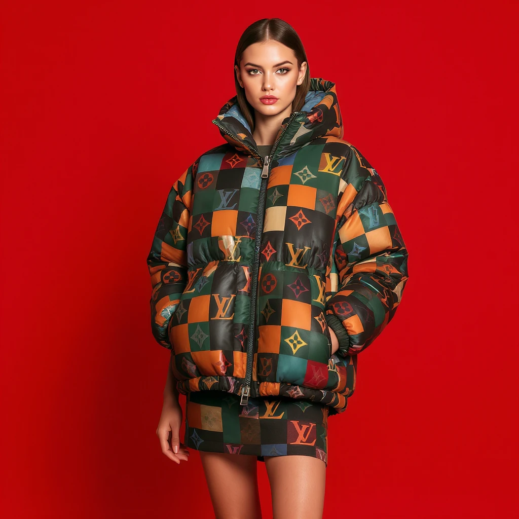 Photo of a woman dress in abstract (black orange green and blue) grid puffer Louis Vuitton jacket, red solid background, express body  emoji