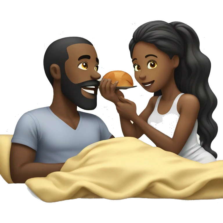 Black woman feeding black man with gray beard breakfast in bed emoji