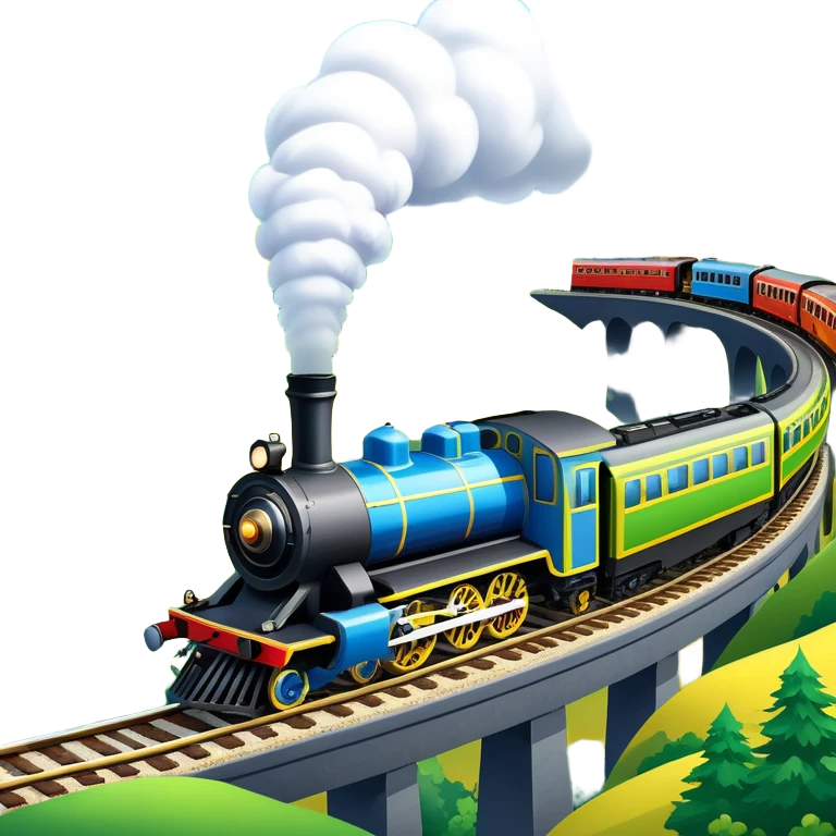 An icon showing a vibrant PC game train simulator scene with a steam locomotive traveling through a colorful countryside. The design features lush landscapes, winding tracks, and detailed railway elements, symbolizing the strategy and creativity of simulation games. Transparent background emoji