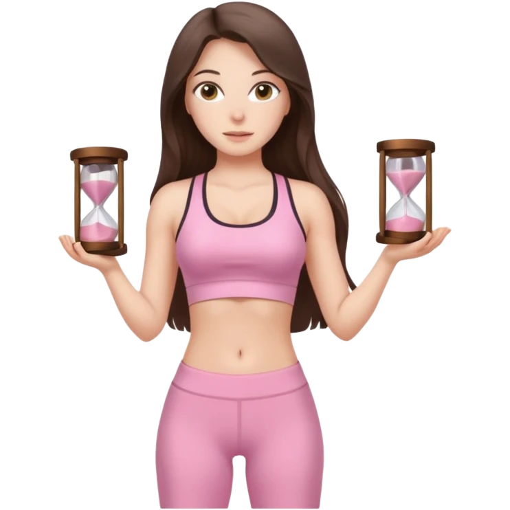 white brunette girl long hair with hazel eyes in light pink workout with hourglass figure emoji