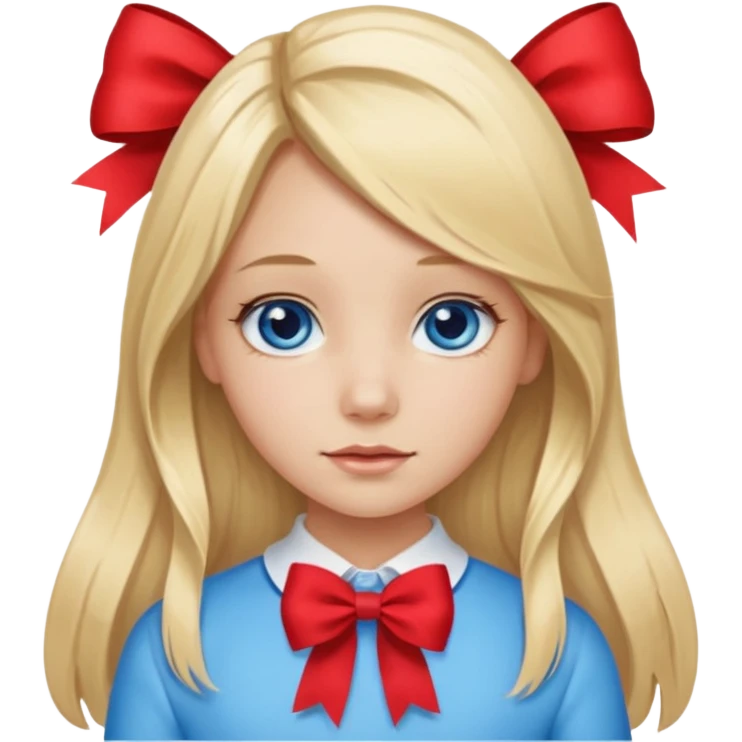 blonde girl long hair middle part, blue eyes,at with a bow emoji