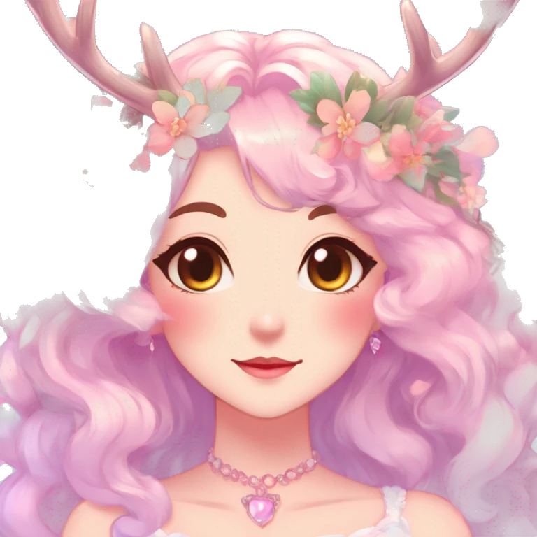 Gorgeous Shiny Colorful Pastel Anime Style Mature Lady with blushing face and pretty hair with a flower crown and antlers pastelcore kawaii cottagecore fairycore aesthetic trending style emoji